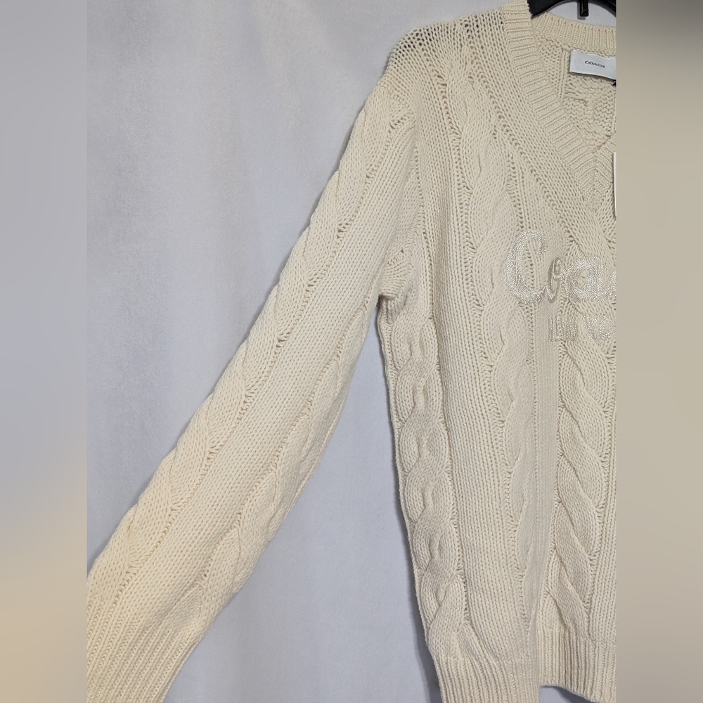 Coach Ivory Braided Cable Knit V-neck Wool Sweater, Embroidered Logo Size XS NWT - Picture 5 of 11